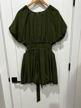 TCEC Olive Green Dress with Puff Sleeve Detail